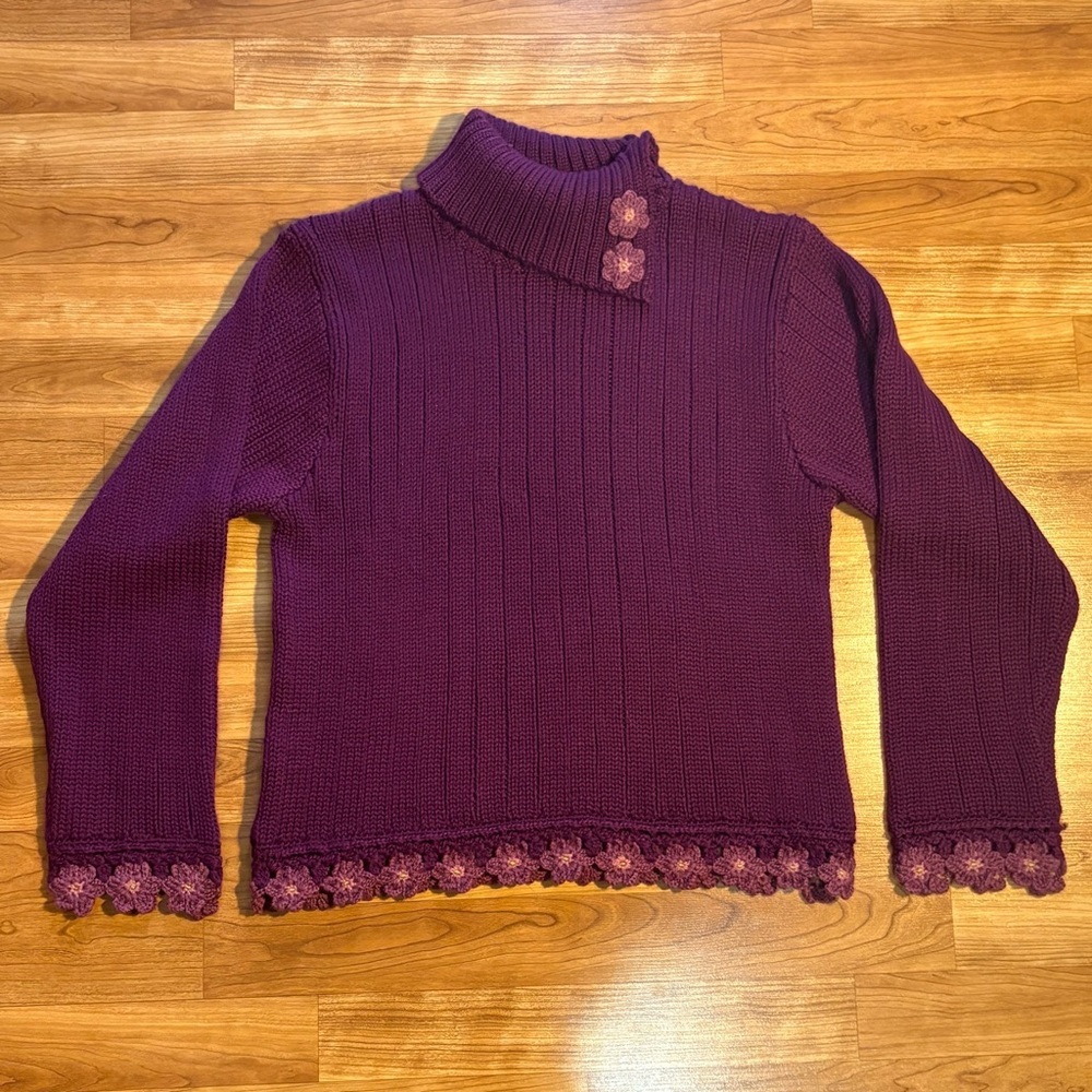 Vintage April Cornell Turtleneck Sweater Women Medium Purple Crochet Wool Blend